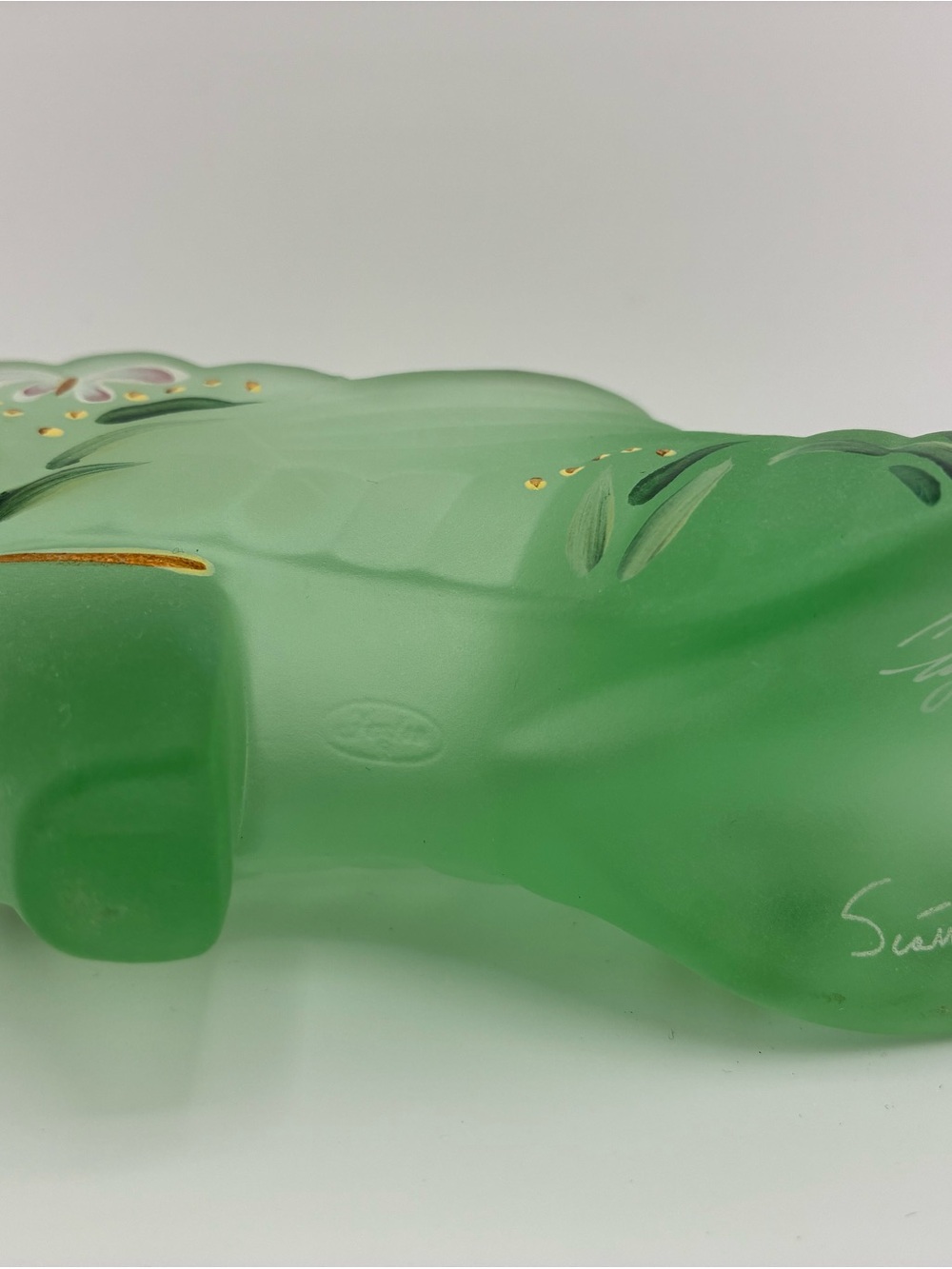 Fenton Green Frosted Glass Shoe with Pink Floral Accents and cat - Picture 6 of 8
